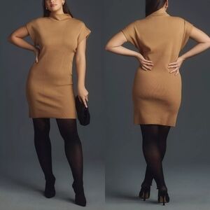 Anthropologie Mock Neck Cap Sleeve Mini Dress in Cedar Tan NWT